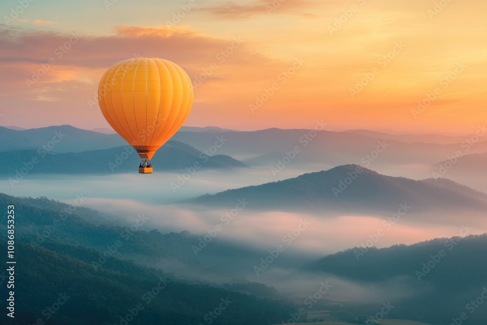 A yellow hot air balloon in the sky with colorful clouds and foggy hills in the background. A yellow hot air balloon in the sky with colorful clouds and foggy hills in the background.