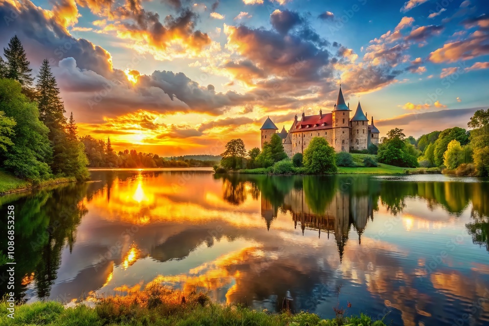 Fototapeta premium Majestic Castle Overlooking Serene Lake at Sunset, Perfect for Scenic Landscape Photography with Majestic Reflections and Lush Surroundings