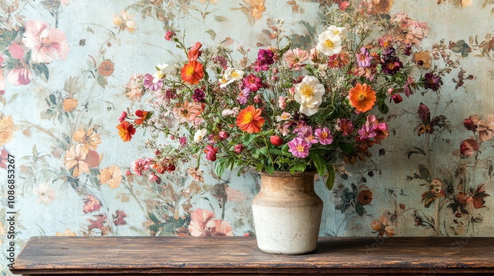 Vibrant Floral Bouquet in Rustic Vase Vibrant Floral Bouquet in Rustic Vase