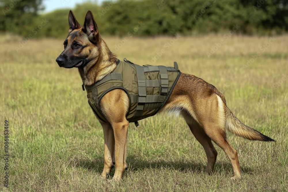 Belgian Malinois Training in a Field: A Belgian Malinois wearing a training vest Belgian Malinois Training in a Field: A Belgian Malinois wearing a training vest