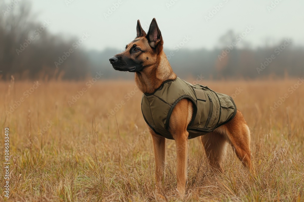 Belgian Malinois Training in a Field: A Belgian Malinois wearing a training vest Belgian Malinois Training in a Field: A Belgian Malinois wearing a training vest