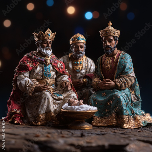 beautifully arranged Nativity scene featuring the Three Wise Men dressed in elaborate robes, kneeling before the manger, set against a soft, glowing background of stars photo