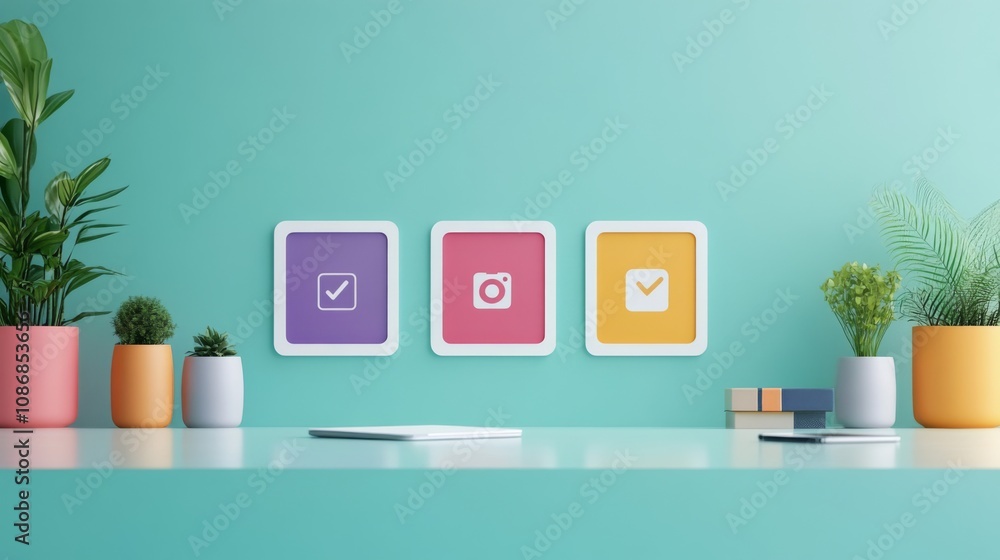 Modern Office Desk with Plants and Art Modern Office Desk with Plants and Art