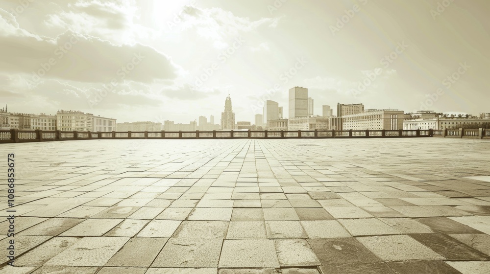 Fototapeta premium Empty square floor with city skyline background, Urban Revitalization Project, afternoon