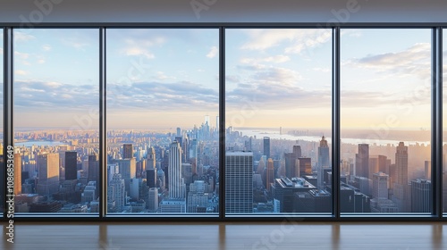 Interior view of an empty room in a skyscraper, showcasing the cityscape during the day. The skyline view from a high-rise window offers a gorgeous property with a stunning view.