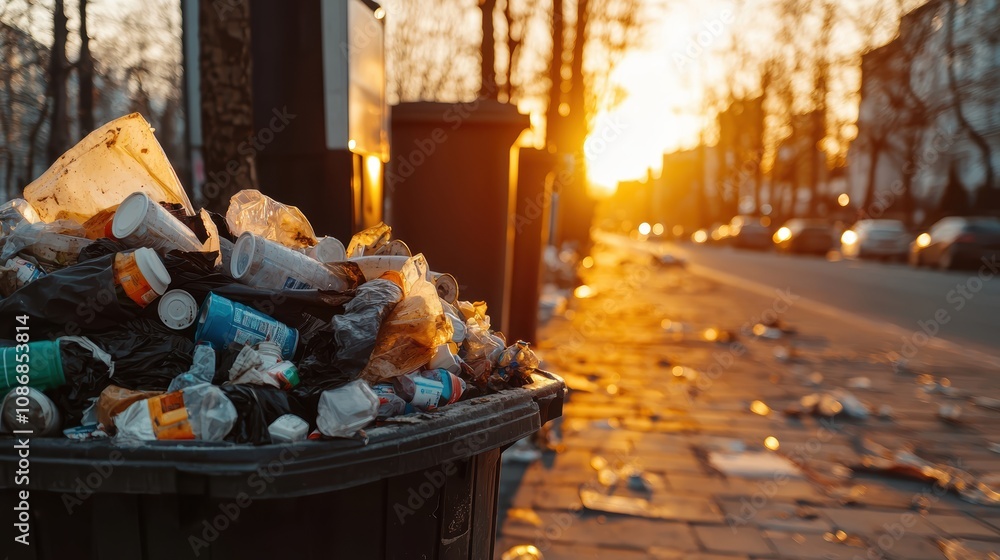 Piles of garbage and bins on city sidewalk with golden sunset light urban waste problem and community environmental challenges Piles of garbage and bins on city sidewalk with golden sunset light urban waste problem and community environmental challenges