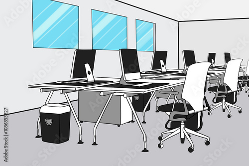 Workplace office interior design, white painted wall, glass window, grey floor, PC computer desktop, armchair, desk, trash can, working area, modern design