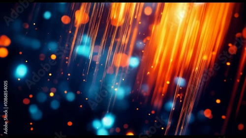 Dynamic futuristic background with glowing orange and blue gradient lights, sparkling particles, and soft wave textures. Perfect for technology presentations, trailers, or modern corporate visuals