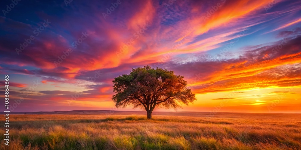 Majestic Lone Tree Silhouetted Against a Vibrant Sunset in an Open Field, Capturing the Beauty of Nature's Serenity and Tranquility in a Breathtaking Landscape Scene Majestic Lone Tree Silhouetted Against a Vibrant Sunset in an Open Field, Capturing the Beauty of Nature's Serenity and Tranquility in a Breathtaking Landscape Scene