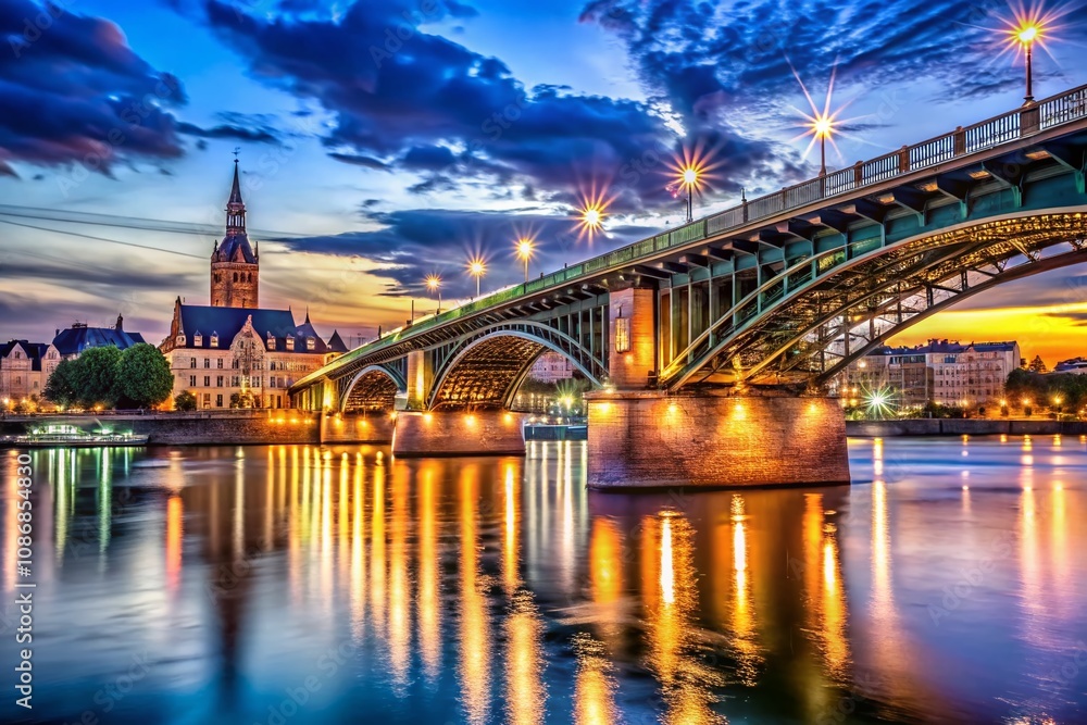 Fototapeta premium Majestic Night View of Passerelle des Deux Rives Bridge Illuminated by Lights Over the Rhine River, Connecting Germany and France, Capturing the Essence of Urban Architecture and Serenity