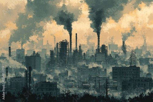 Industrial Cityscape with Smoke Plumes and Fog