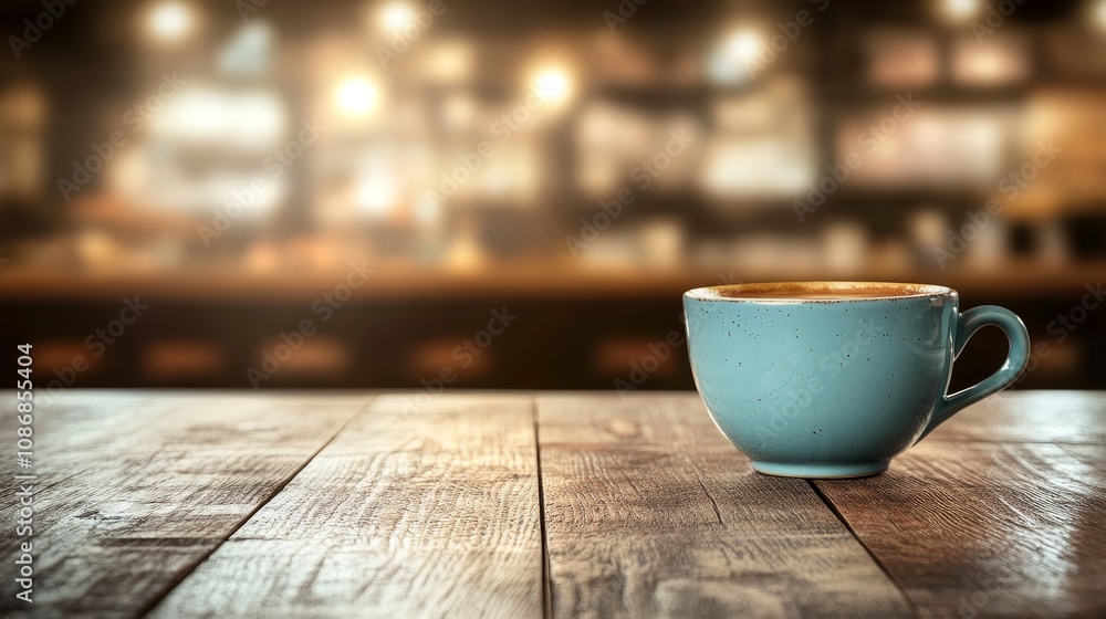 Blue Coffee Mug on Rustic Wooden Table, Blurred Cafe Background, Warm, Aromatic Atmosphere Blue Coffee Mug on Rustic Wooden Table, Blurred Cafe Background, Warm, Aromatic Atmosphere