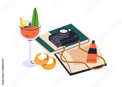Camera, book, journal and tropical cocktail, summer leisure and relaxation ti...