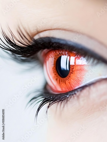 Close-up of an eye with striking red iris and dramatic eyelashes, showcasing unique beauty. photo