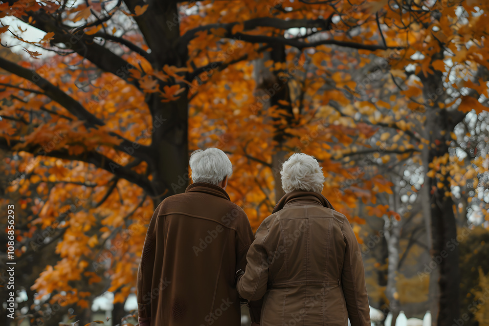 Elderly Couple Bonding During Autumn Park Walk Elderly Couple Bonding During Autumn Park Walk