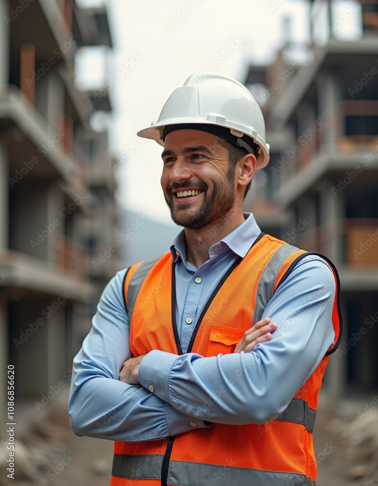 A construction site, a man in front of it, a hard hat on head, dressed an engineer's vest, arms crossed, smiling A construction site, a man in front of it, a hard hat on head, dressed an engineer's vest, arms crossed, smiling