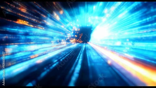 Dynamic futuristic background with glowing orange and blue gradient lights, sparkling particles, and soft wave textures. Perfect for technology presentations, trailers, or modern corporate visuals