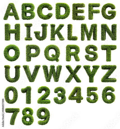 Set of Shrubs Trimmed into Alphabets and Numbers on Transparent Background