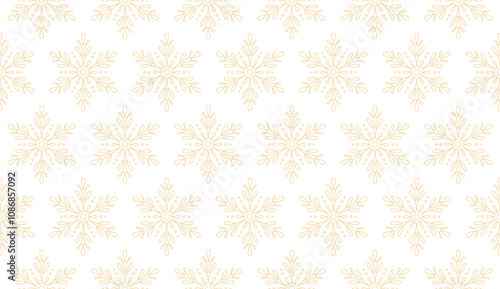 Seamless pattern with golden snowflakes, star isolated on white background for wrapping, packing, fabric, print. Merry Christmas and Happy New Year banner. Hand draw snowflakes in line art style.