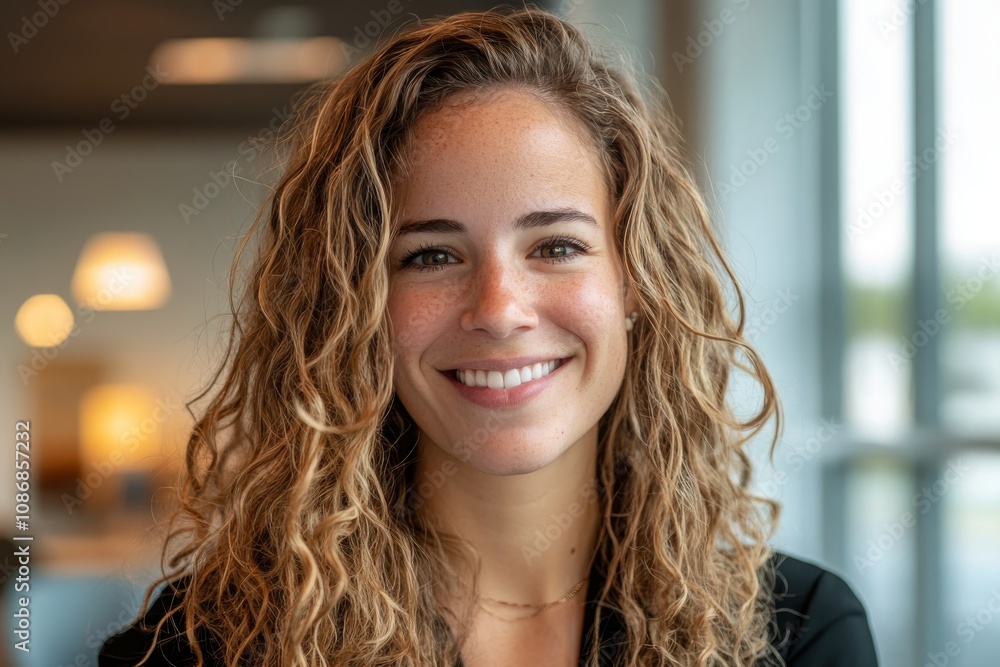 Smiling Young Woman with Curly Hair in Modern Office Setting, Radiating Confidence and Approachability in Professional Environment Smiling Young Woman with Curly Hair in Modern Office Setting, Radiating Confidence and Approachability in Professional Environment