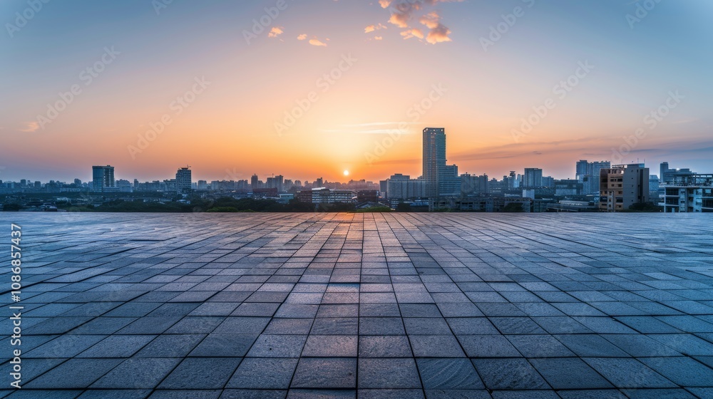 Empty square floor with city skyline background, Community Engagement Campaign, morning Empty square floor with city skyline background, Community Engagement Campaign, morning