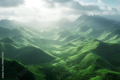 Lush green hills under soft sunlight, creating a serene and tranquil landscape.