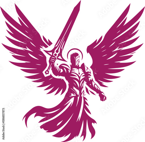 A dynamic flat design illustration of a pink anime angel warrior wielding a sword