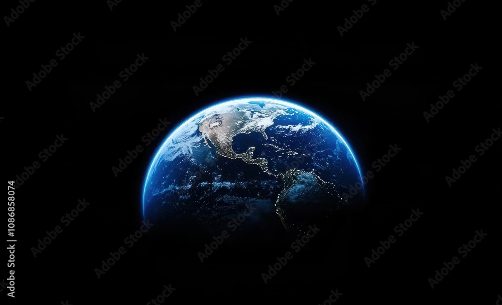 Stunning View of Earth from Space at Night, Highlighting City Lights and Natural Landscapes in Vibrant Blue and Black Background, Perfect for Travel and Nature Themes
