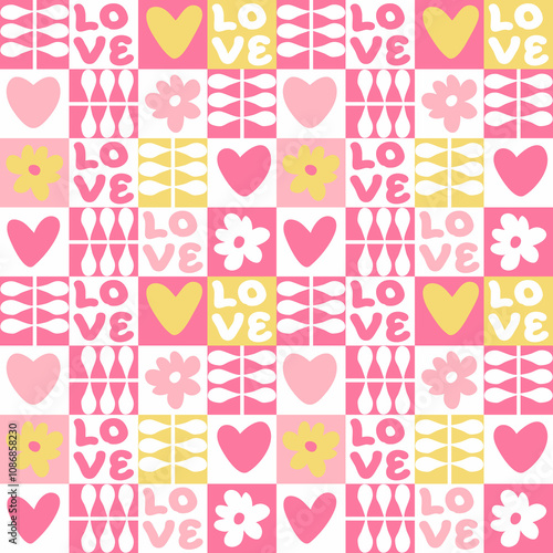 Delicate Valentine seamless pattern with hearts and text LOVE. Geometric print for tee, paper, fabric, textile. Retro style illustration.