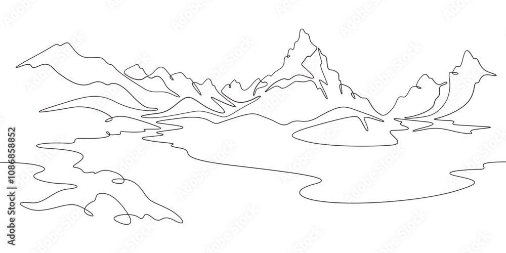 Fototapeta premium Continuous one line drawing mountain landscape. Panorama of high mountains and mountain river. Nature. One continuous line isolated minimal illustration.Not AI.