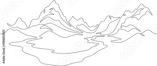 Continuous one line drawing mountain landscape. Panorama of high mountains and mountain river. Nature. One continuous line isolated minimal illustration.Not AI.