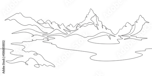 Continuous one line drawing mountain landscape. Panorama of high mountains and mountain river. Nature.  One continuous line isolated minimal illustration.Not AI.