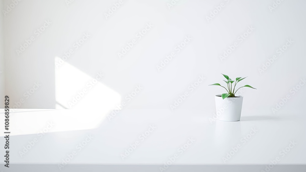 A simple green plant in a white pot on a white surface with a soft light shadow against a white wall A simple green plant in a white pot on a white surface with a soft light shadow against a white wall