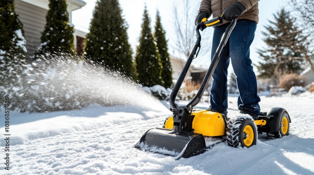 Obraz premium Person Using Snow Blower on Residential Sidewalk During Snowfall. Winter Neighborhood Scene at Sunrise