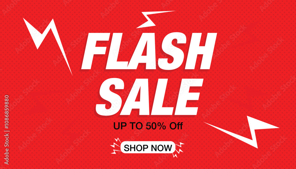 Red flash sale banner with bold white text, jagged lightning bolt accents, dotted texture background, and Red flash sale banner with bold white text, jagged lightning bolt accents, dotted texture background, and