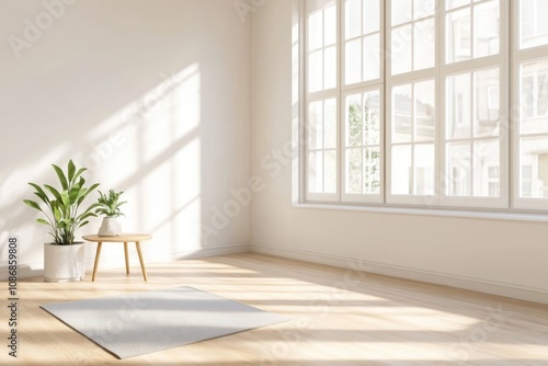 Serene Yoga Setup in Bright Room with Large Windows and Minimalist Decor