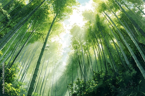 Sunbeams filtering through a dense bamboo forest, creating a serene and mystical atmosphere.  A digitally painted illustration of nature's tranquility. photo