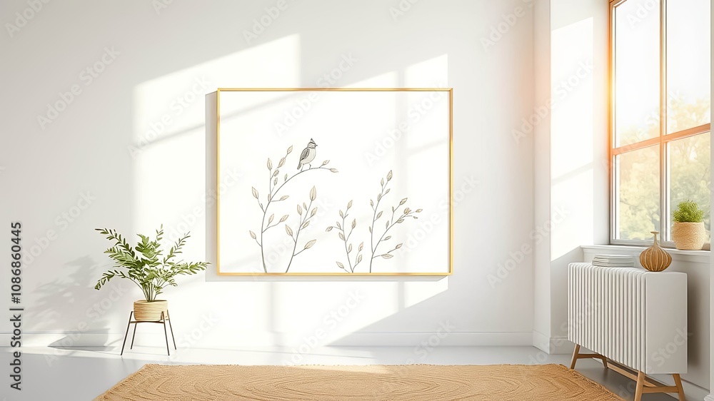 Minimalist Interior Design with a Single Bird on a Branch Framed Artwork and a Potted Plant on a Stand Minimalist Interior Design with a Single Bird on a Branch Framed Artwork and a Potted Plant on a Stand
