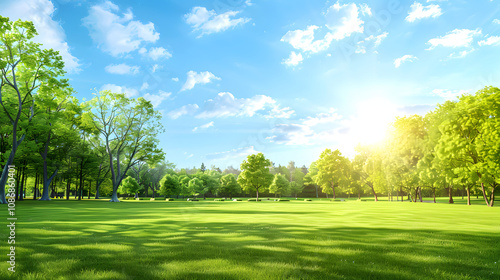 vibrant spring nature backdrop with a pristine, neatly trimmed lawn and lush trees under a clear blue sky adorned with soft clouds on a sunny day highlighted by white, vintage, png