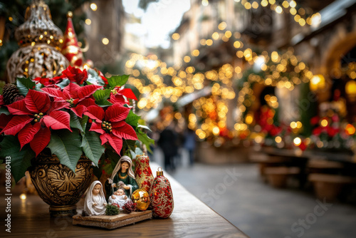 Traditional Mexican Christmas Celebration With Festive Decorations, Including Colorful Papel Picado Banners, Pi??Atas, And A Nativity Scene Surrounded By Poinsettias photo