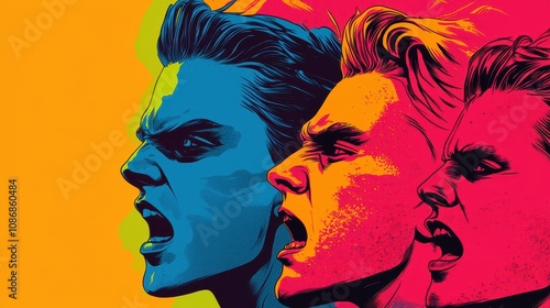 Comic-Con poster with colorful pop-art style, bold outlines, bright colors, action-packed characters in motion