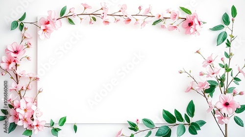 Delicate Pink Blossoms Framing a Blank White Canvas, a Symbol of New Beginnings and Fresh Starts