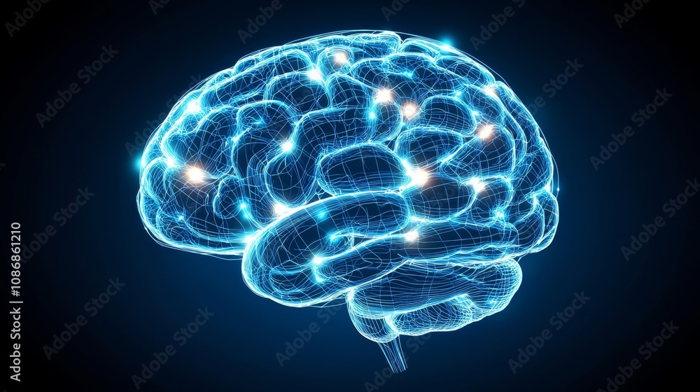 Human brain hologram, glowing synapses and neon blue circuitry, delicate wireframe with 3D depth, intense dark blue background Human brain hologram, glowing synapses and neon blue circuitry, delicate wireframe with 3D depth, intense dark blue background