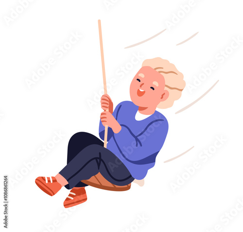 Boy on rope swing. Happy child enjoying outdoor fun, smiling with joy. Cute e...
