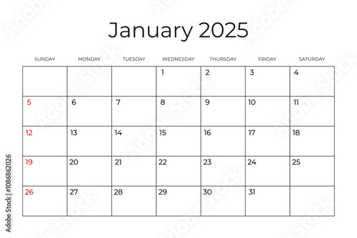 Printable Monthly Calendar template for January 2025. Week Starts on SUNDAY. Wall Calendar in a Minimalist Style. Simple and clean design. Vector illustration