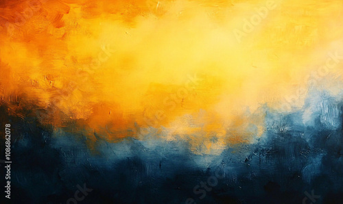 A serene abstract painting featuring warm golden yellow, deep orange, and cool blue hues. Perfect for autumn-themed designs, relaxing spaces, or meditative environments.