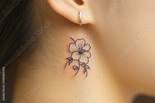 Delicate floral tattoo design inked on the side of a woman's neck showcasing elegance and artistry photo