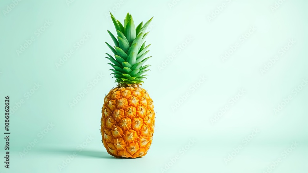 A single ripe pineapple with a vibrant green crown isolated against a soft turquoise background. A single ripe pineapple with a vibrant green crown isolated against a soft turquoise background.