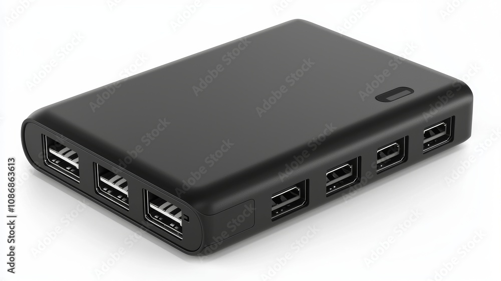 Elegant portable charger, multi-port setup, streamlined look, matte black Elegant portable charger, multi-port setup, streamlined look, matte black