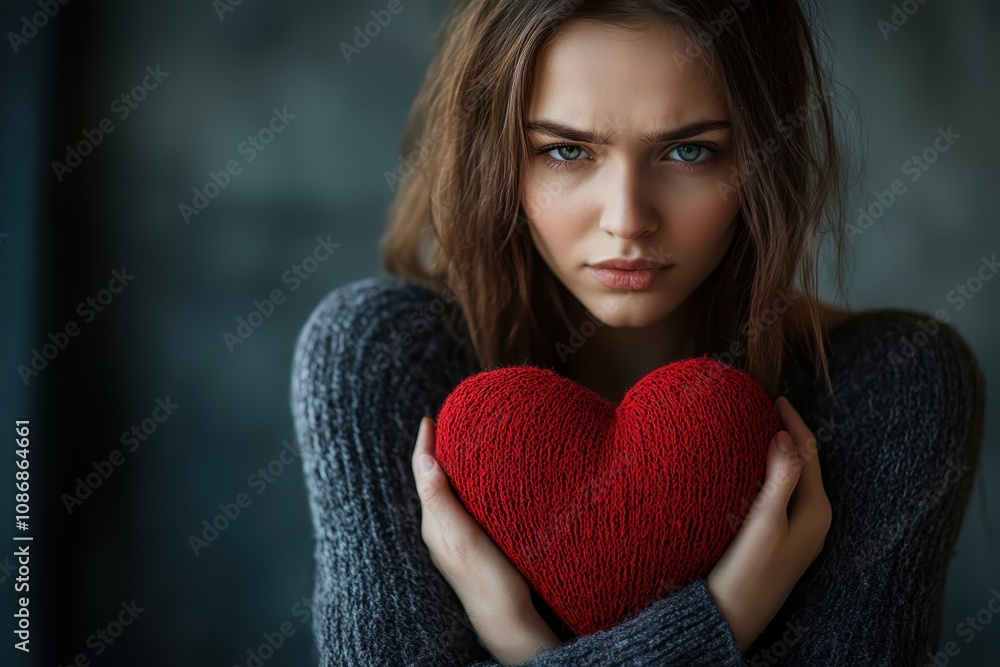 Young woman holding a red heart in a cozy setting, conveying emotions on a chilly day Young woman holding a red heart in a cozy setting, conveying emotions on a chilly day